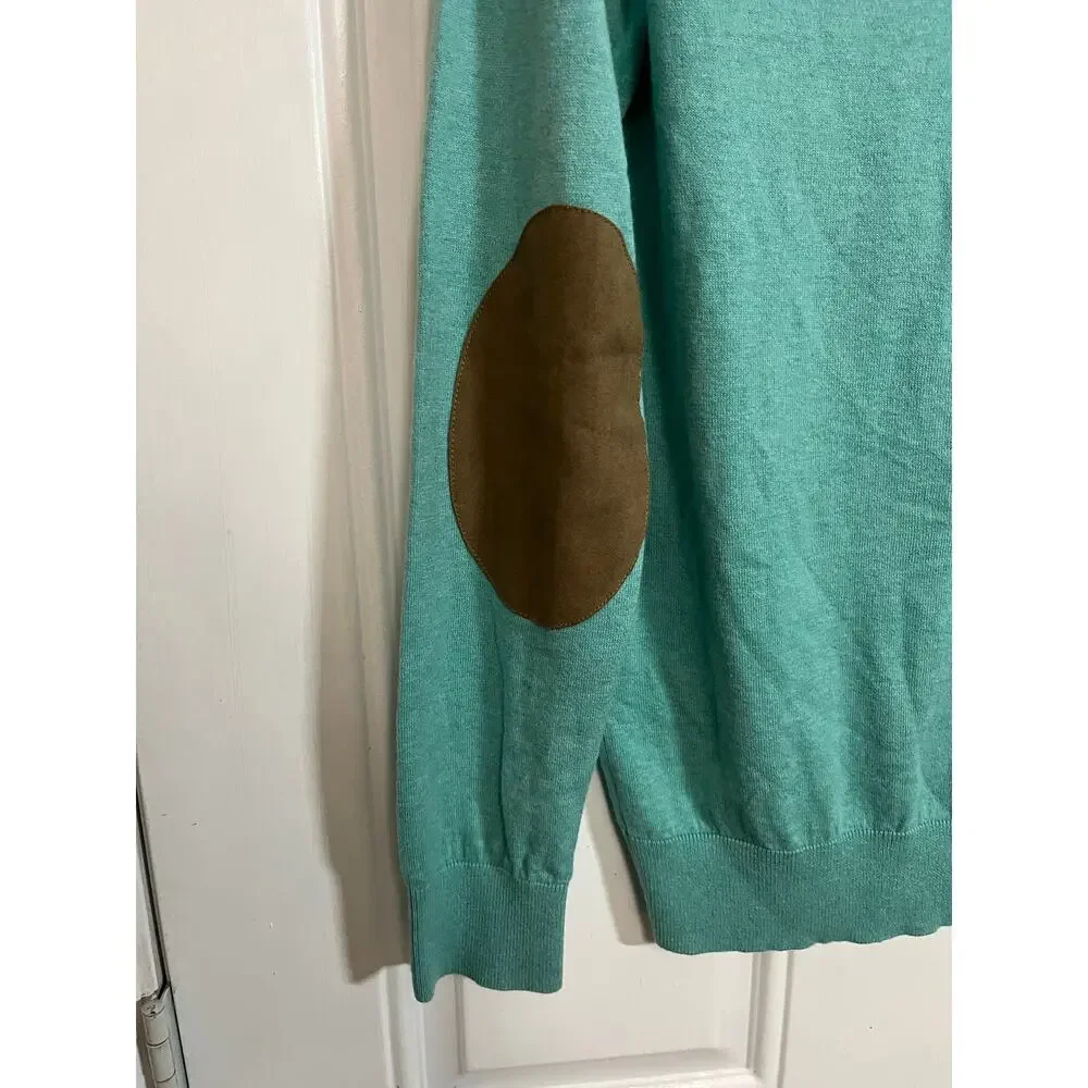 Cyrillus Paris Cashmere Silk Cotton V Neck Sweater Men Aqua Blue Elbow Patch S